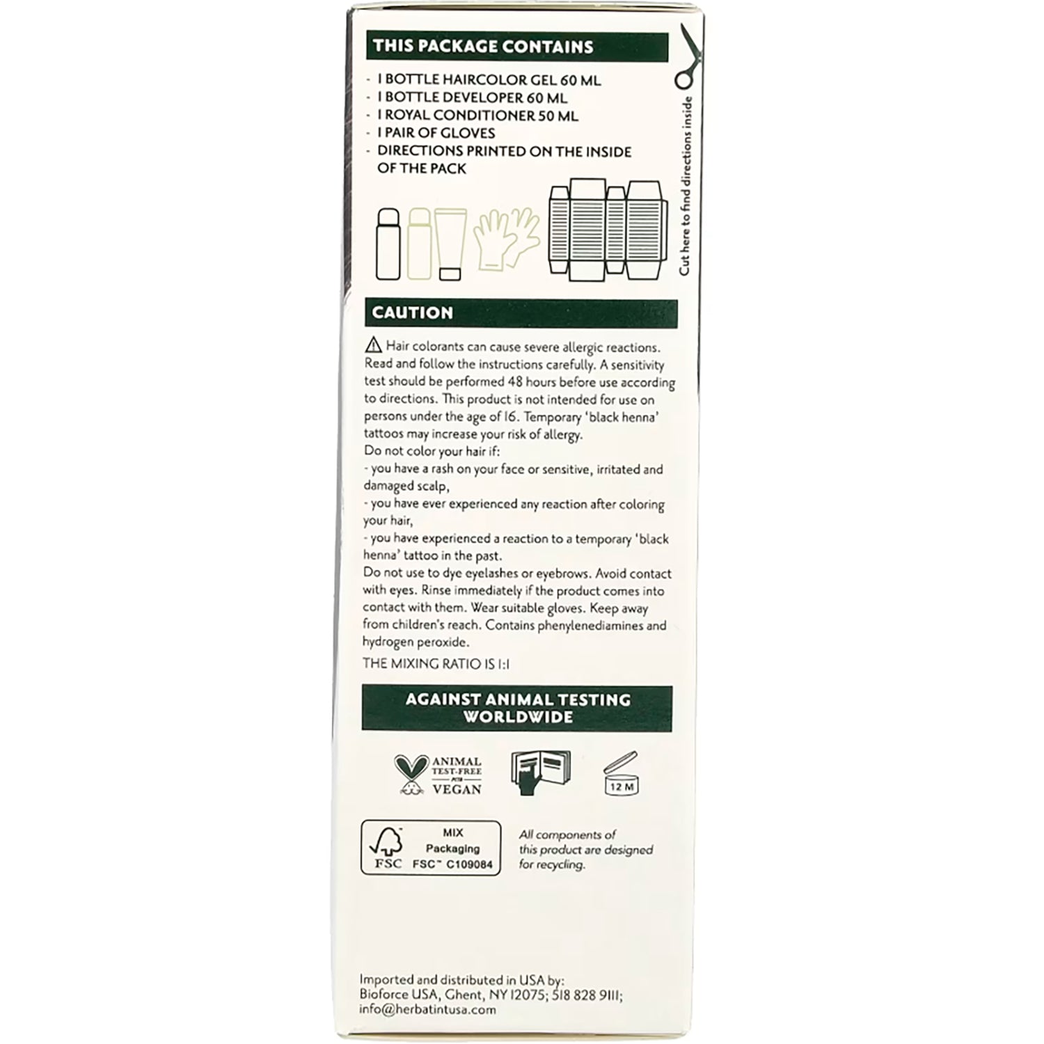 HBT004 | back of hair color box showing package contents, caution text, and recycling and vegan icons