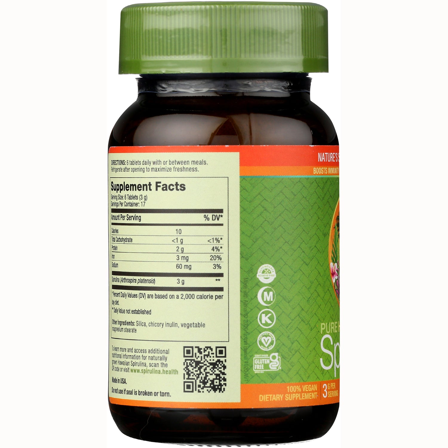 NUT011 | Back of brown supplement bottle showing Supplement Facts label, QR code, nutrition table and green cap