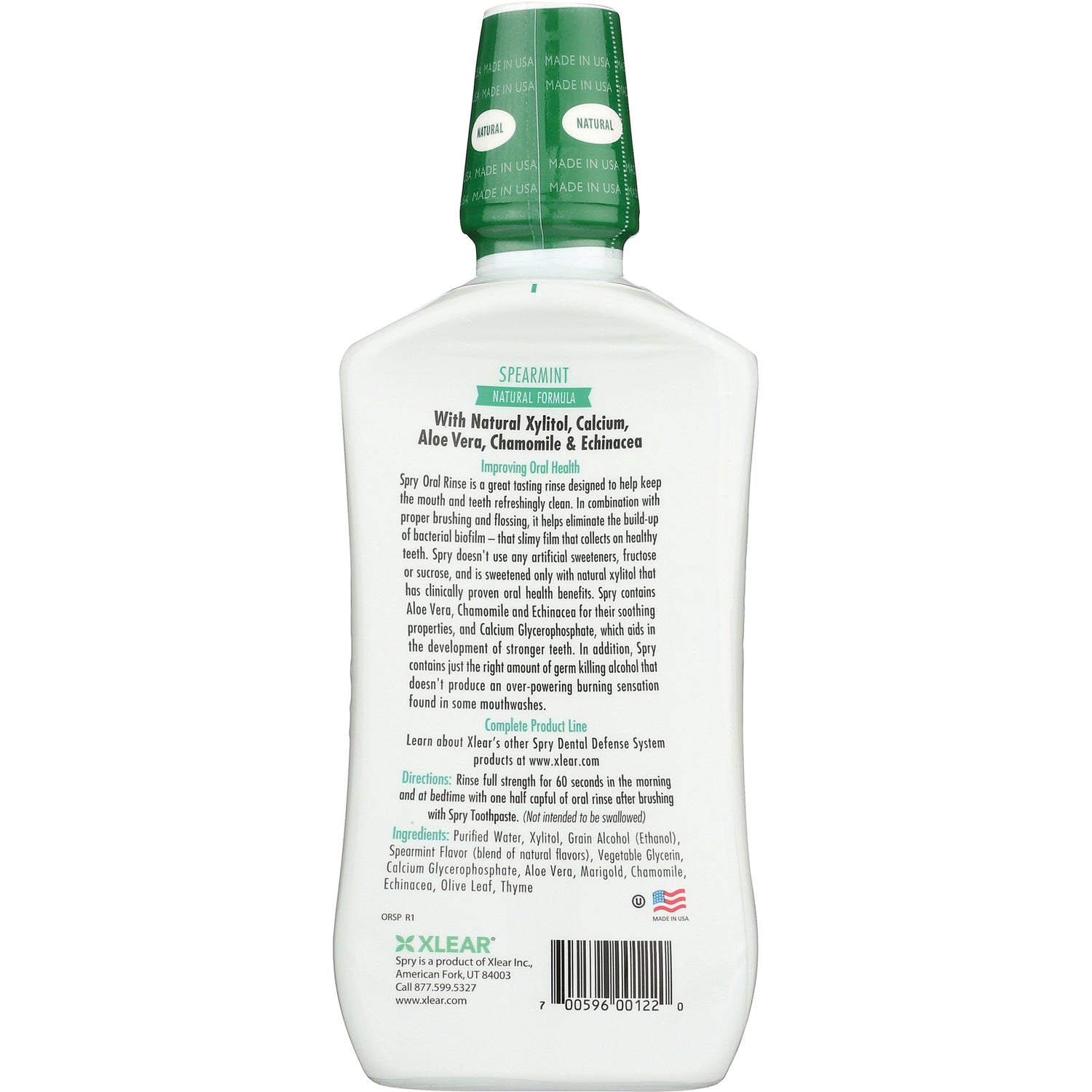 XL045 | Back label of spearmint oral rinse bottle showing directions, ingredients, and barcode