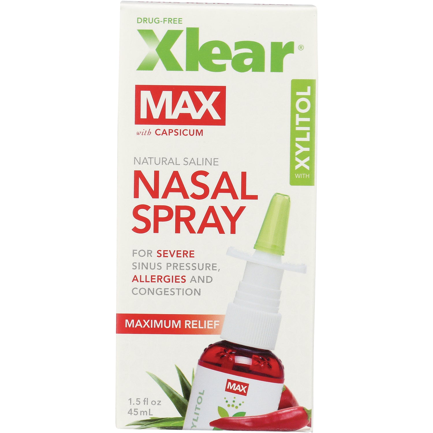 XL060 | Xlear MAX with Capsicum Natural Saline Nasal Spray with Xylitol front packaging, 1.5 fl oz