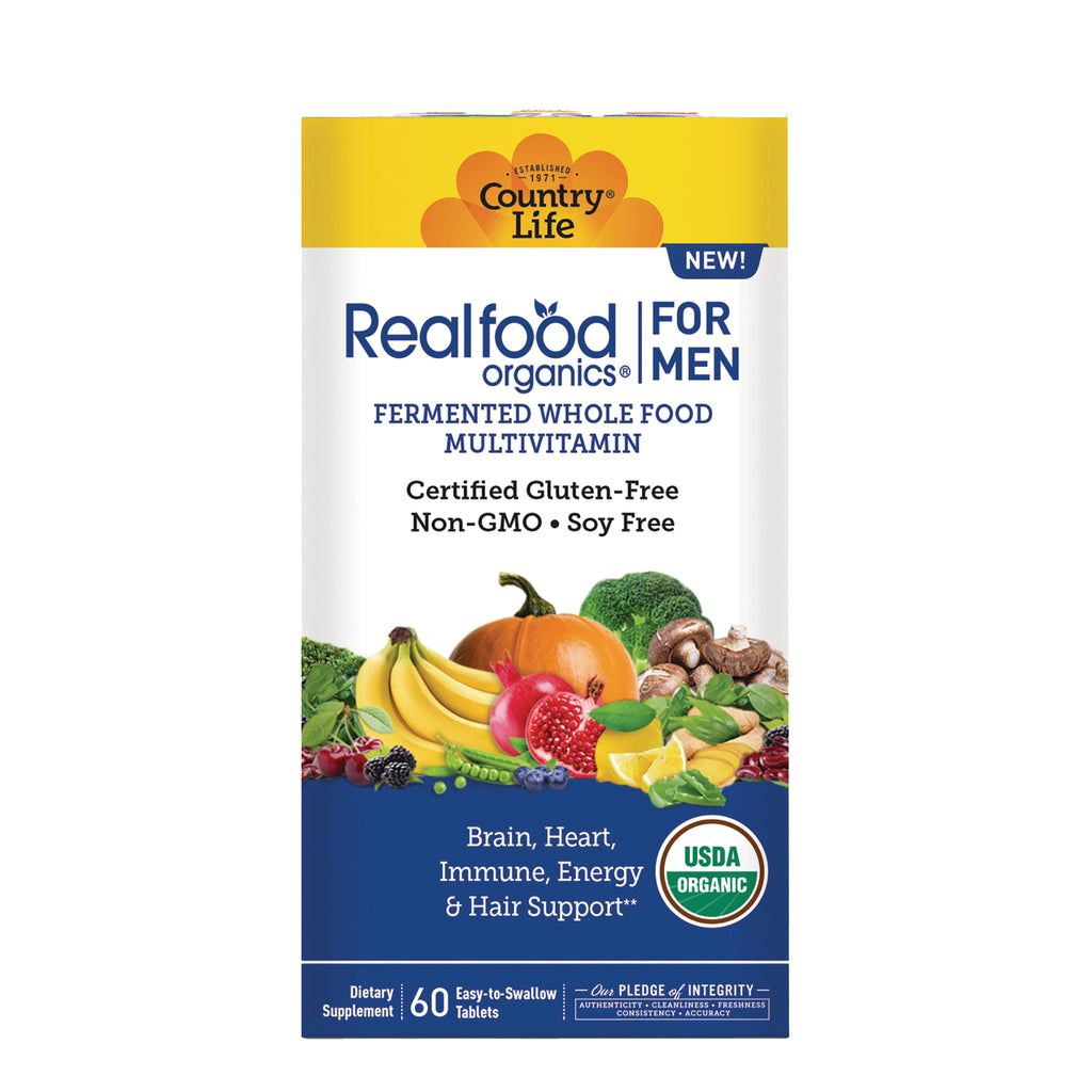 CRL646 | Realfood Organics for Men fermented whole food multivitamin front packaging with fruit and vegetable imagery and USDA Organic seal - Thumbnail