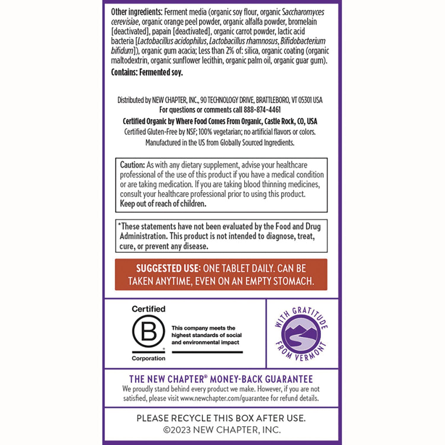 NWC137 | Back panel with ingredients, caution box, suggested use one tablet daily, certifications and recycling info
