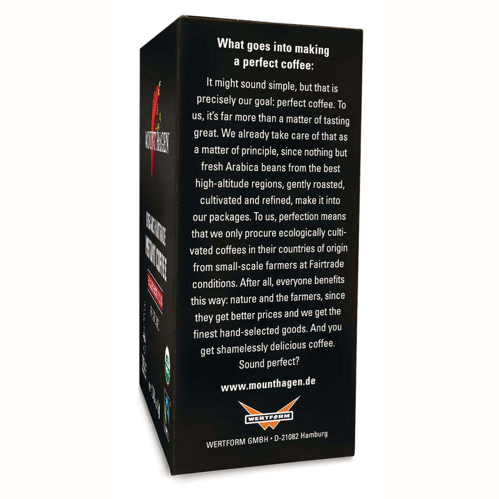 MTH006 | back of black coffee box with paragraph titled What goes into making a perfect coffee and website www.mounthagen.de - Thumbnail