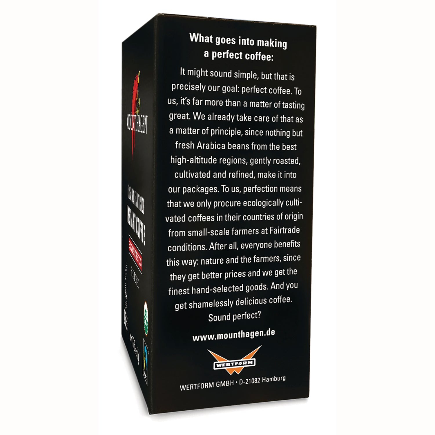 MTH006 | back of black coffee box with paragraph titled What goes into making a perfect coffee and website www.mounthagen.de