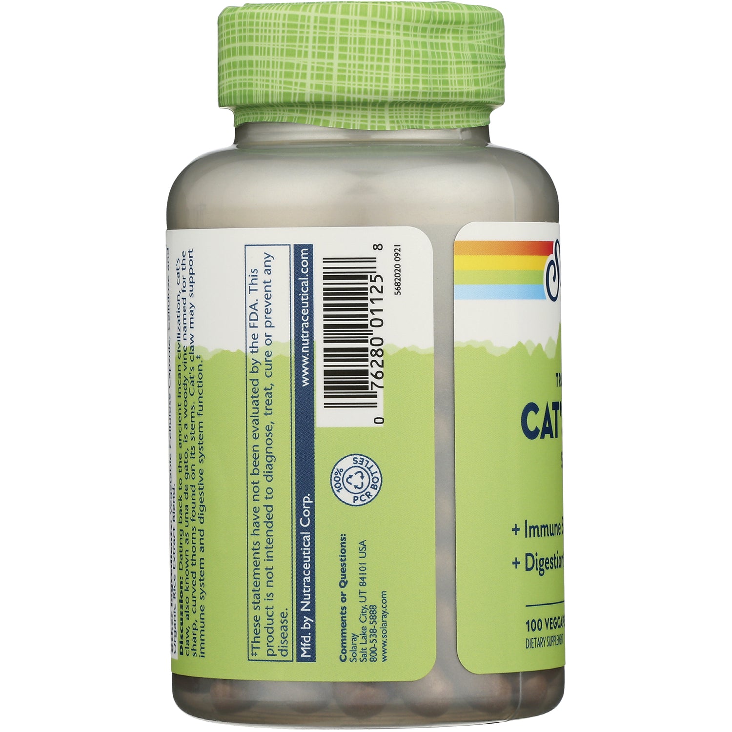 SLR338 | side label of supplement bottle showing barcode, small text panel and green patterned cap