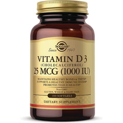 SLG244 | Solgar Vitamin D3 25 MCG (1000 IU) 100 softgels amber bottle with gold label