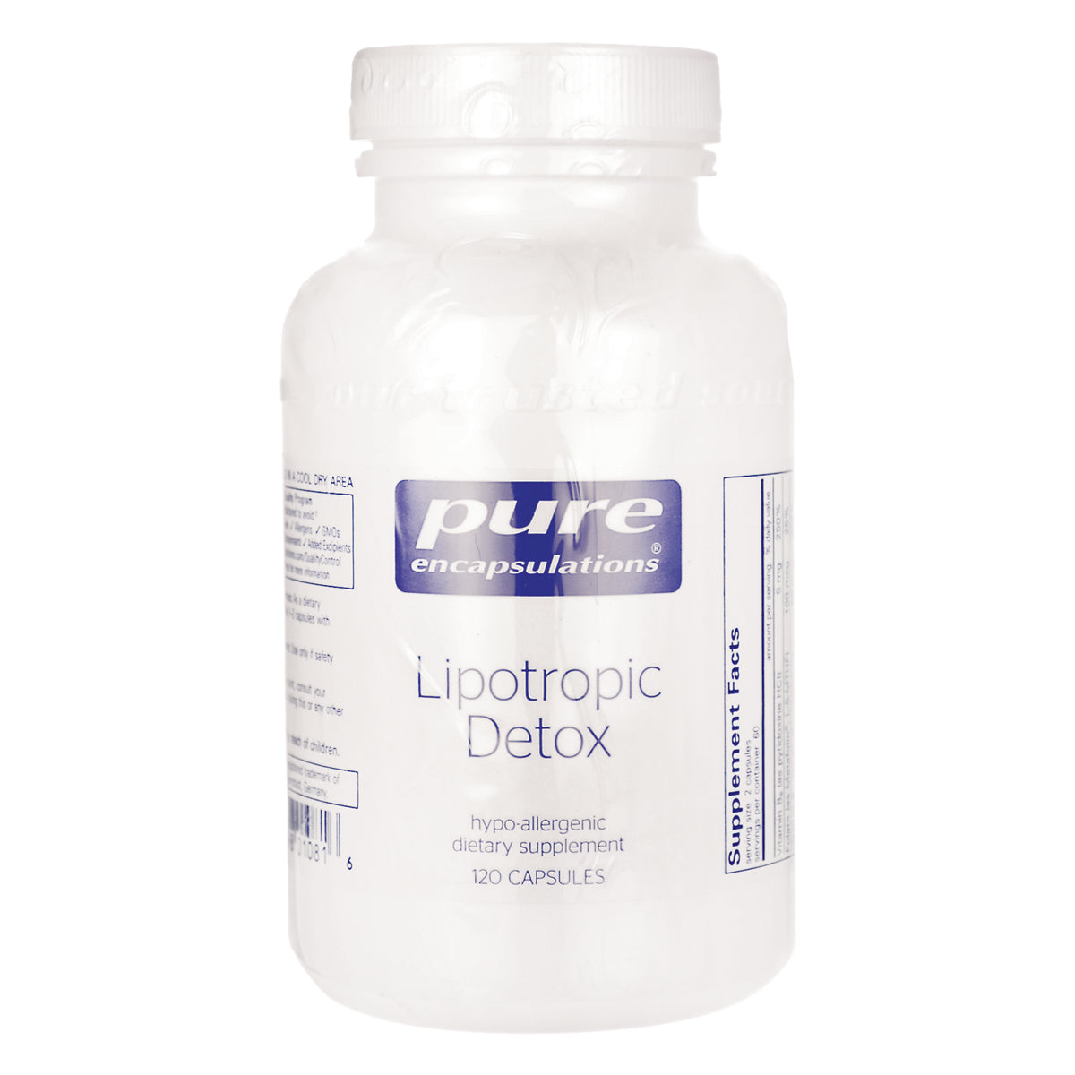 PRN140 | White bottle front labeled Pure Encapsulations Lipotropic Detox dietary supplement 120 capsules