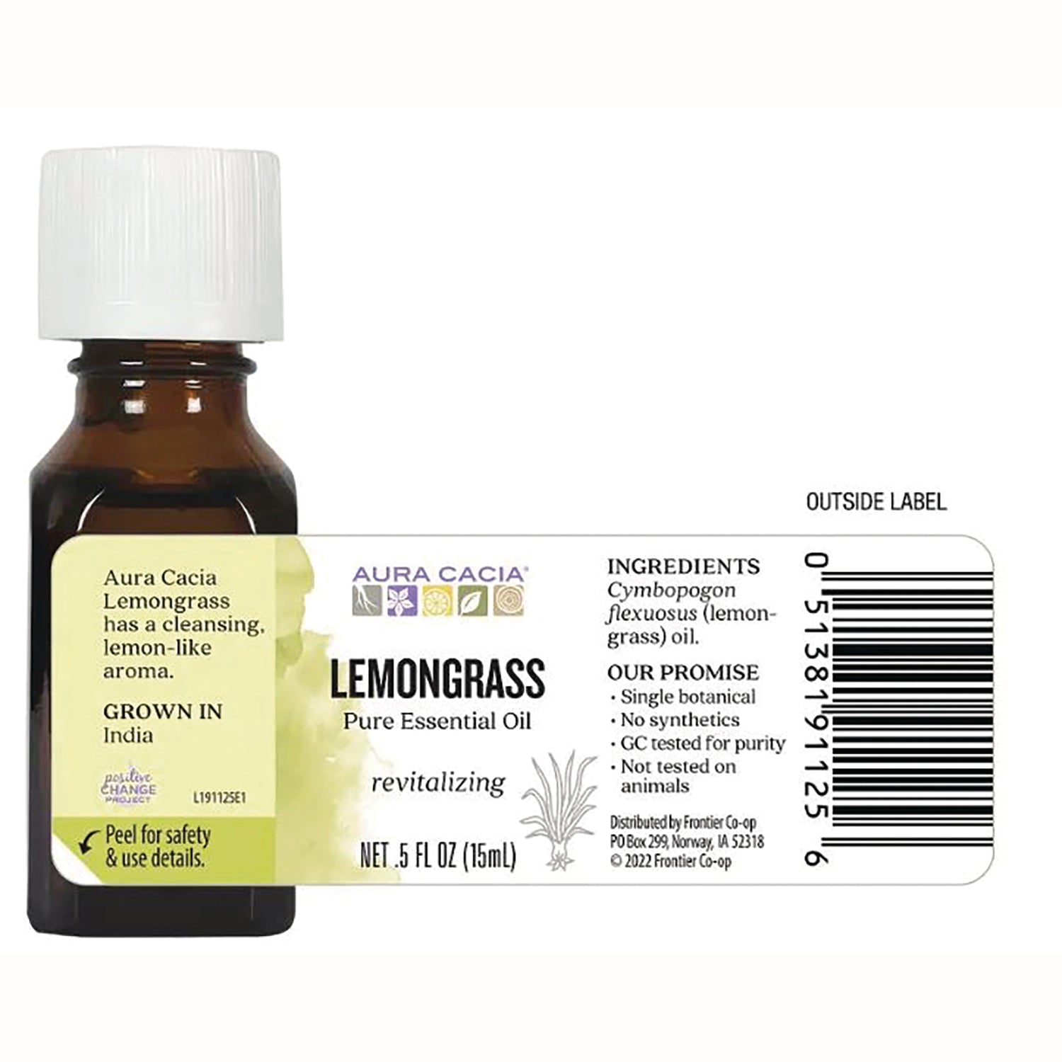 ARC009 | Back label of Aura Cacia Lemongrass essential oil bottle showing ingredients, product promise, and barcode