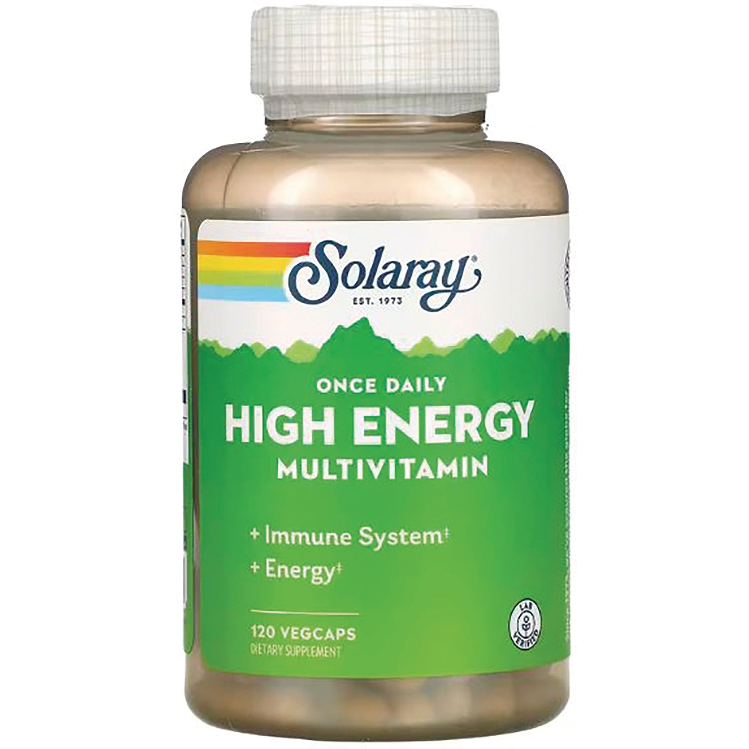 SLR220 | Solaray High Energy multivitamin bottle with green label, 120 vegcaps