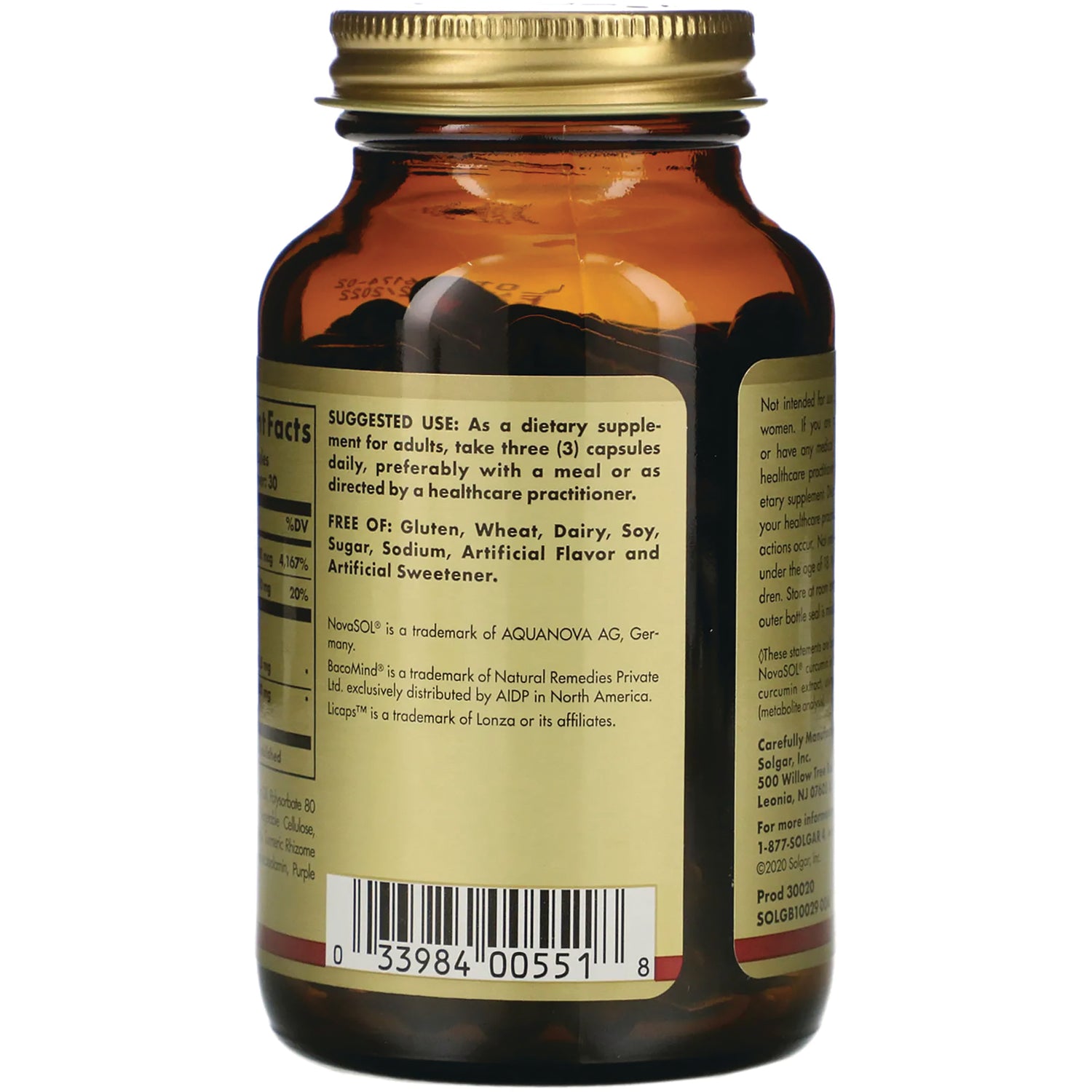 SLG373 | Back of amber supplement bottle showing suggested use, free-of statement and barcode