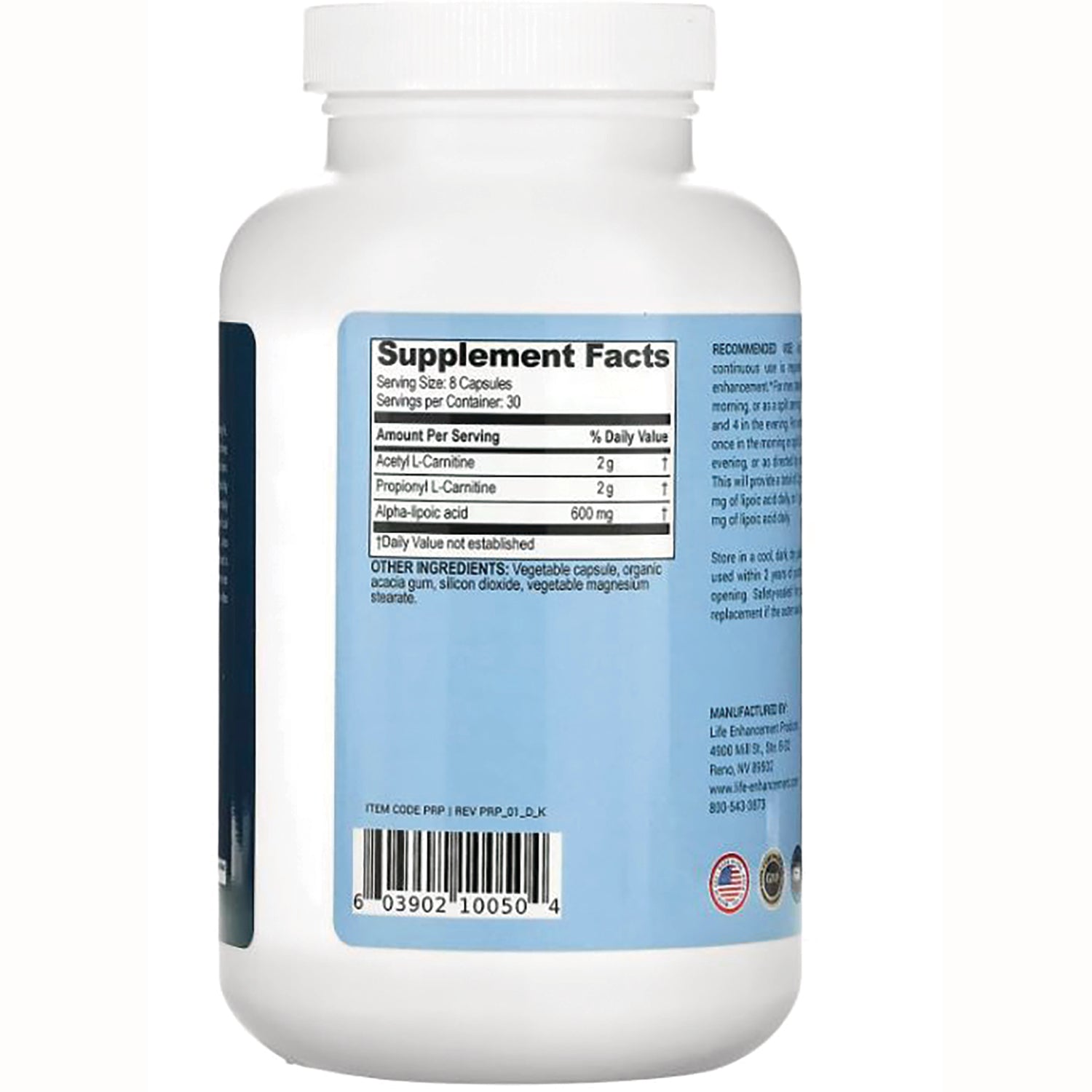 LEN002 | white supplement bottle back showing blue label with Supplement Facts panel and barcode