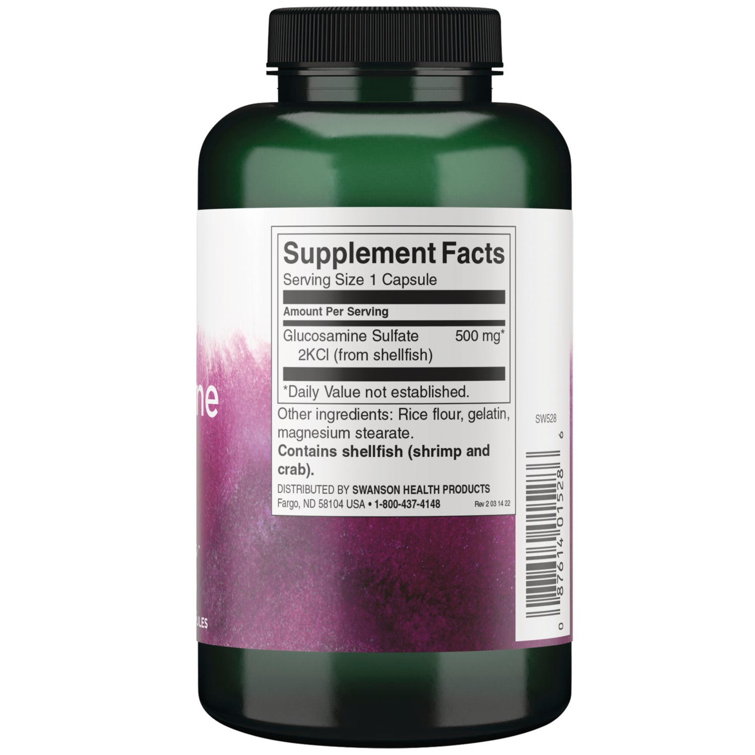 SW528 | Back label with Supplement Facts, Glucosamine Sulfate 500 mg, and Contains shellfish warning