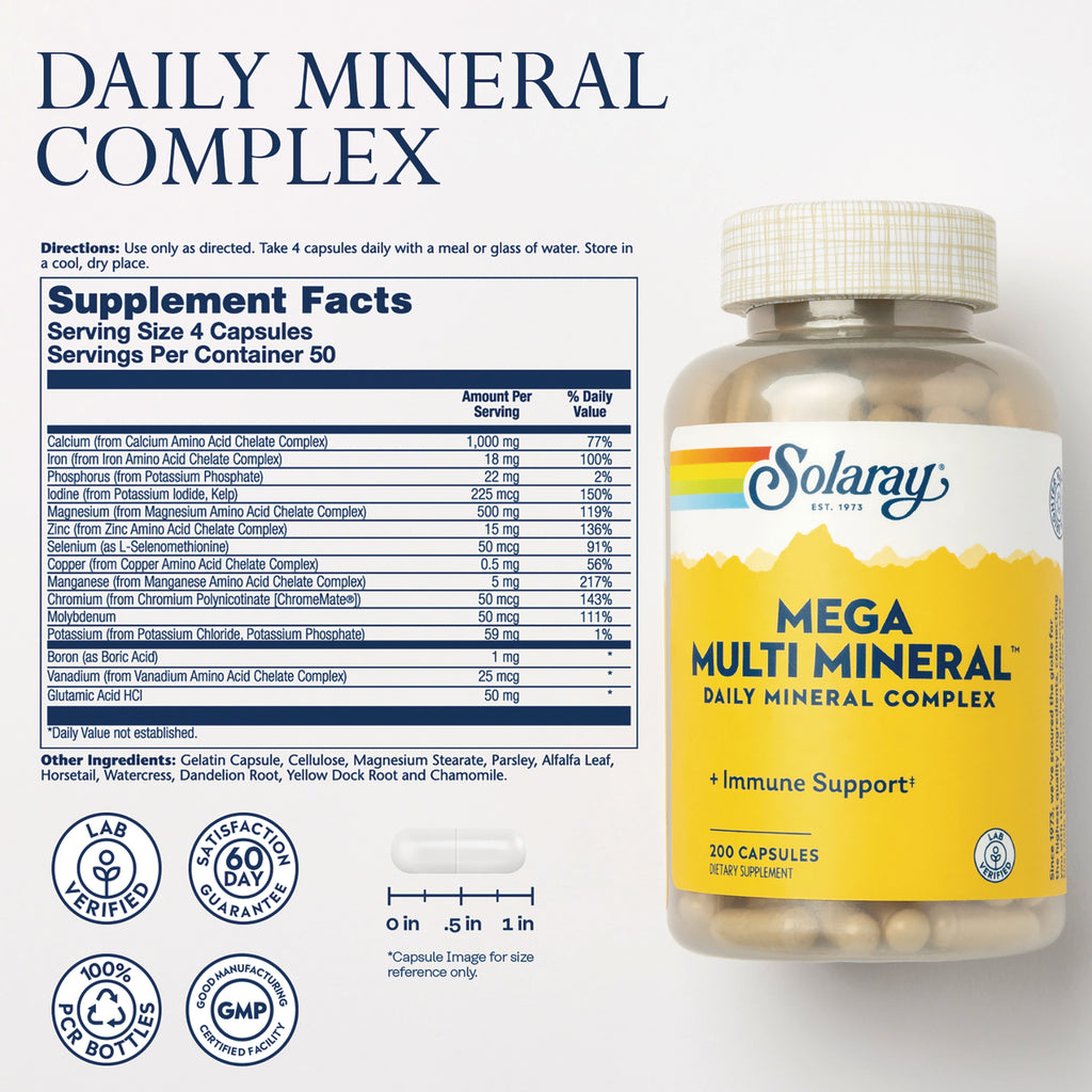 SLR549 | Solaray Mega Multi Mineral Daily Mineral Complex supplement facts panel and bottle, 200 capsules - Thumbnail
