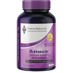 Purple bottle of Herpanacine immune boosting skin support supplement labeled Diamond Herpanacine