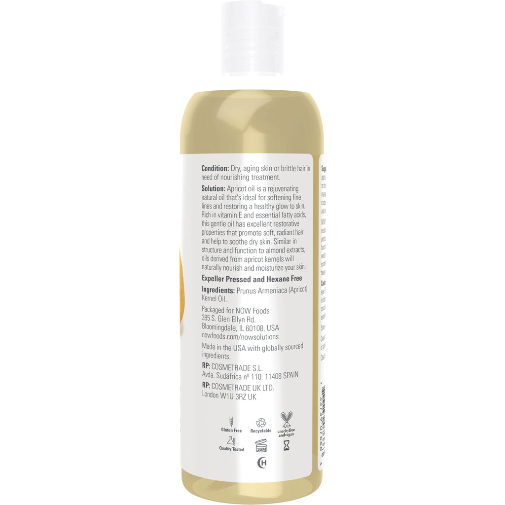 NWF184 | back label of apricot oil bottle showing ingredients, usage text and certification icons - Thumbnail