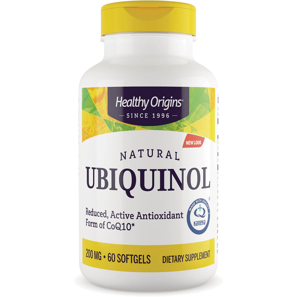 HRG018 | Healthy Origins Natural Ubiquinol 200 mg 60 softgels dietary supplement bottle with yellow cap and front label - Thumbnail