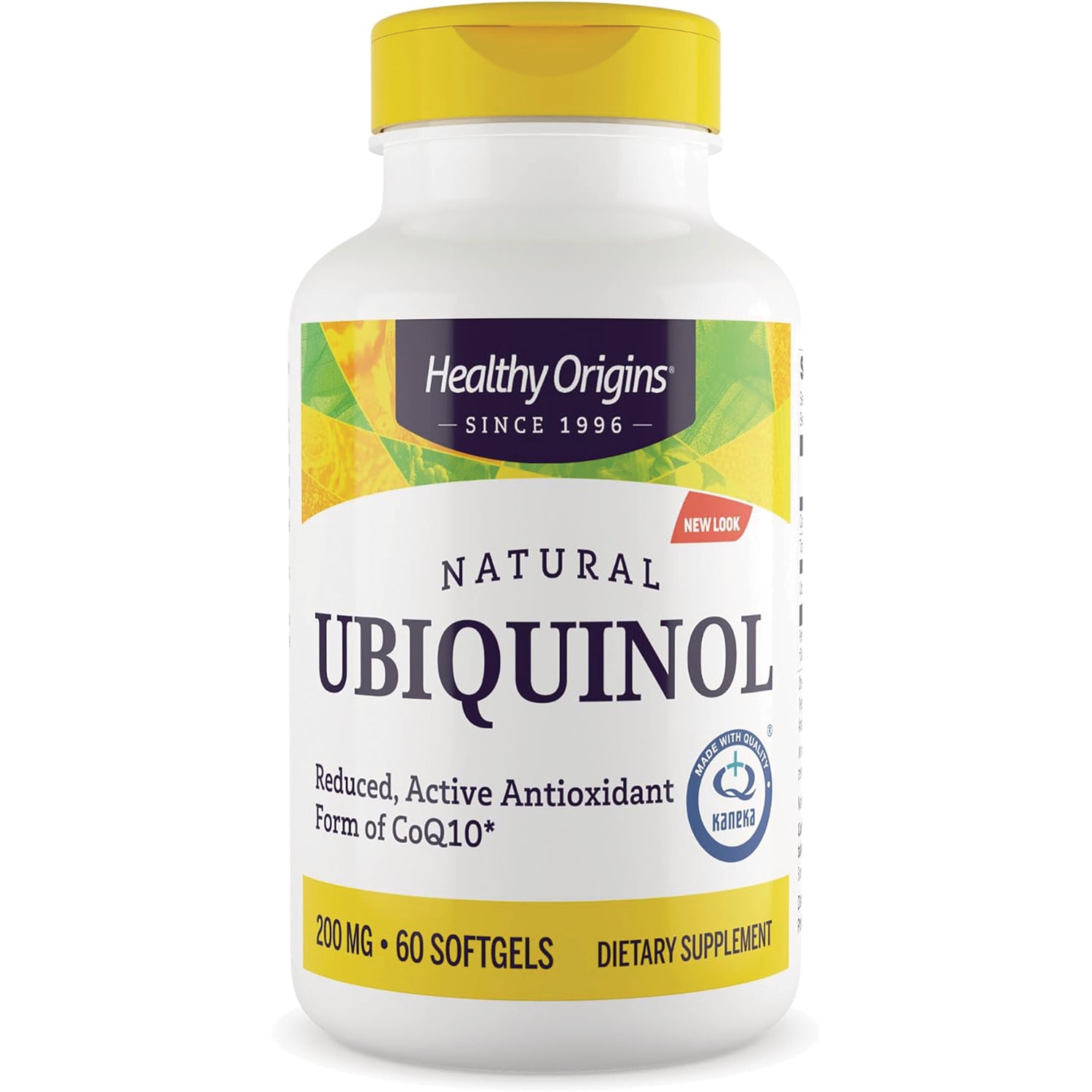 HRG018 | Healthy Origins Natural Ubiquinol 200 mg 60 softgels dietary supplement bottle with yellow cap and front label
