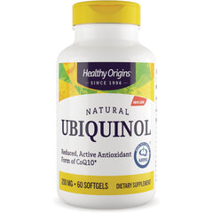 HRG018 | Healthy Origins Natural Ubiquinol 200 mg 60 softgels dietary supplement bottle with yellow cap and front label