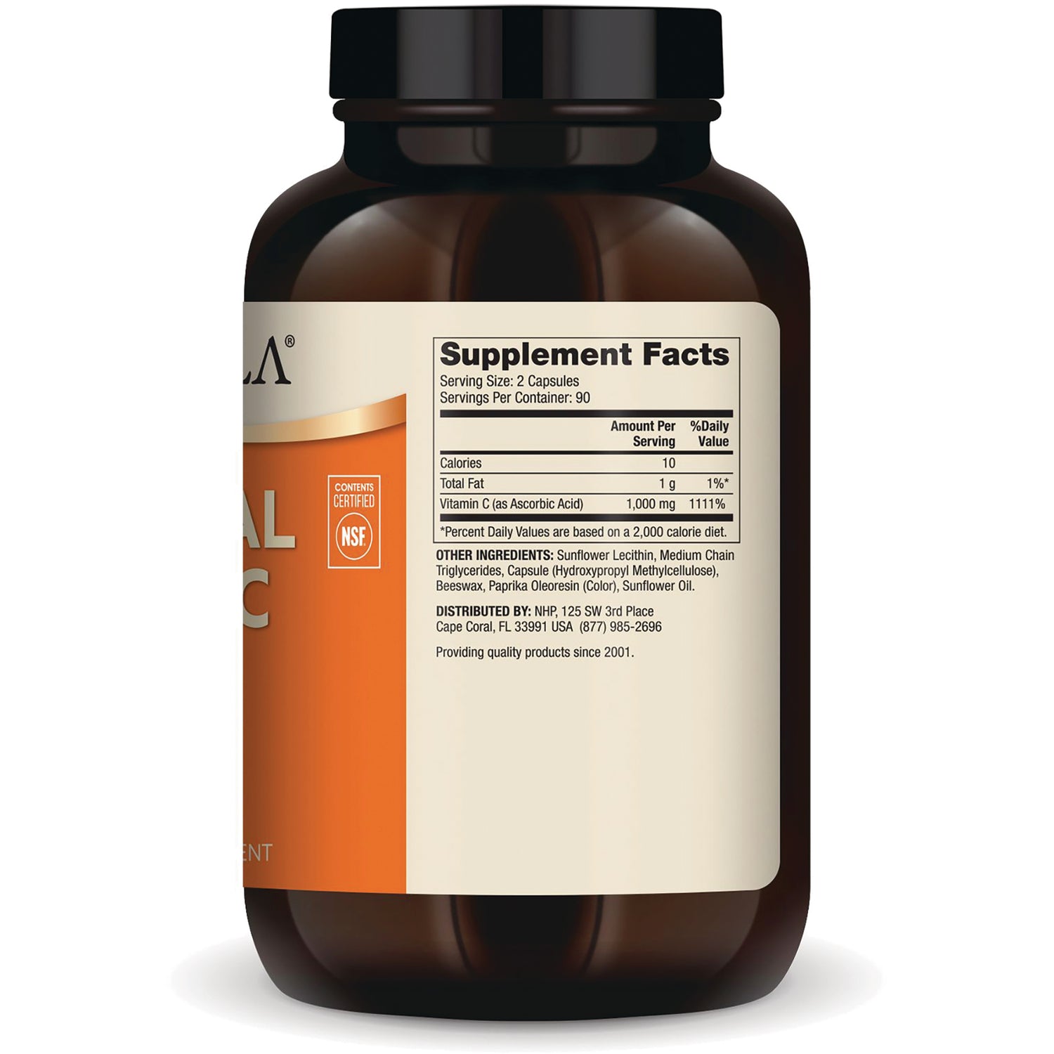 MRC097 | Back of brown supplement bottle showing Supplement Facts panel and ingredient list, serving size 2 capsules