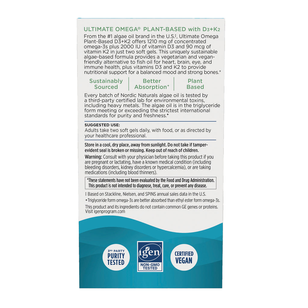 NRN140 | Back panel of Ultimate Omega plant-based supplement box showing suggested use, warnings, and certification icons - Thumbnail