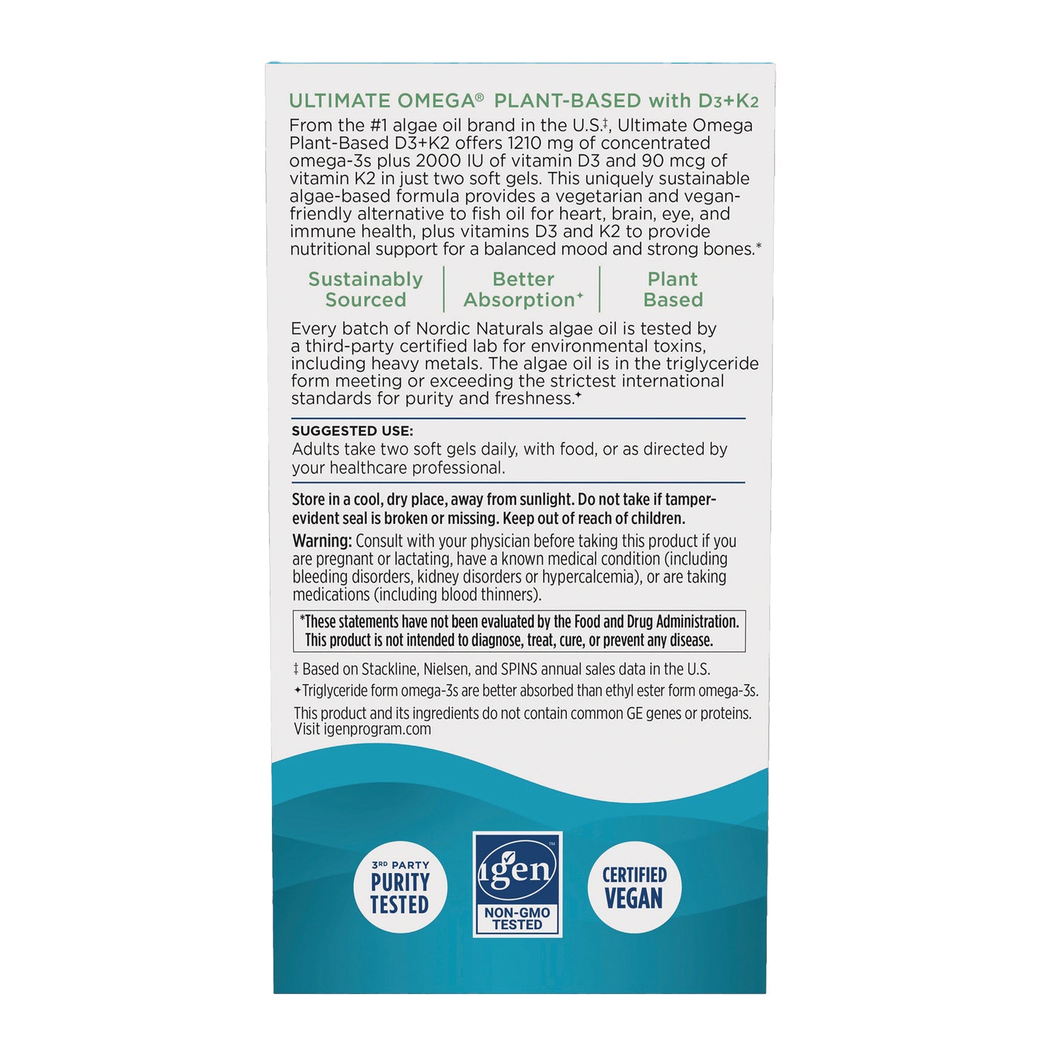 NRN140 | Back panel of Ultimate Omega plant-based supplement box showing suggested use, warnings, and certification icons