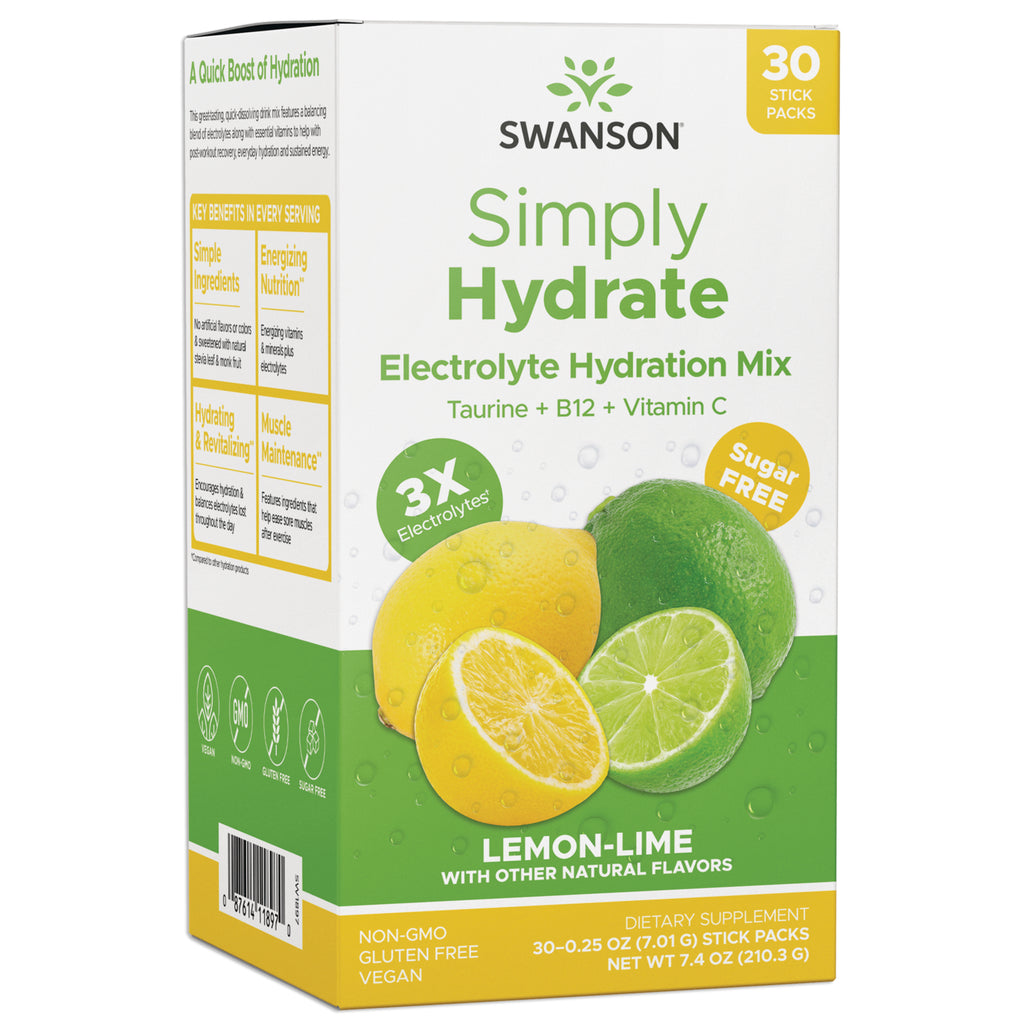 SW1897 | Swanson Simply Hydrate lemon-lime electrolyte hydration mix single-serve stick labeled 'Sugar Free' and '3X Electro- - Thumbnail