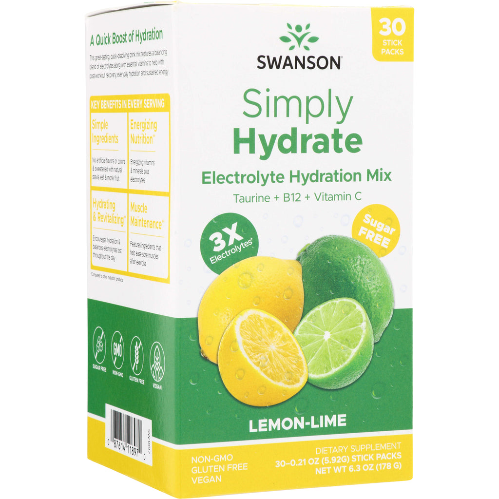 SW1897 | Swanson Simply Hydrate lemon-lime electrolyte hydration mix single-serve stick labeled 'Sugar Free' and '3X Electro- - Thumbnail