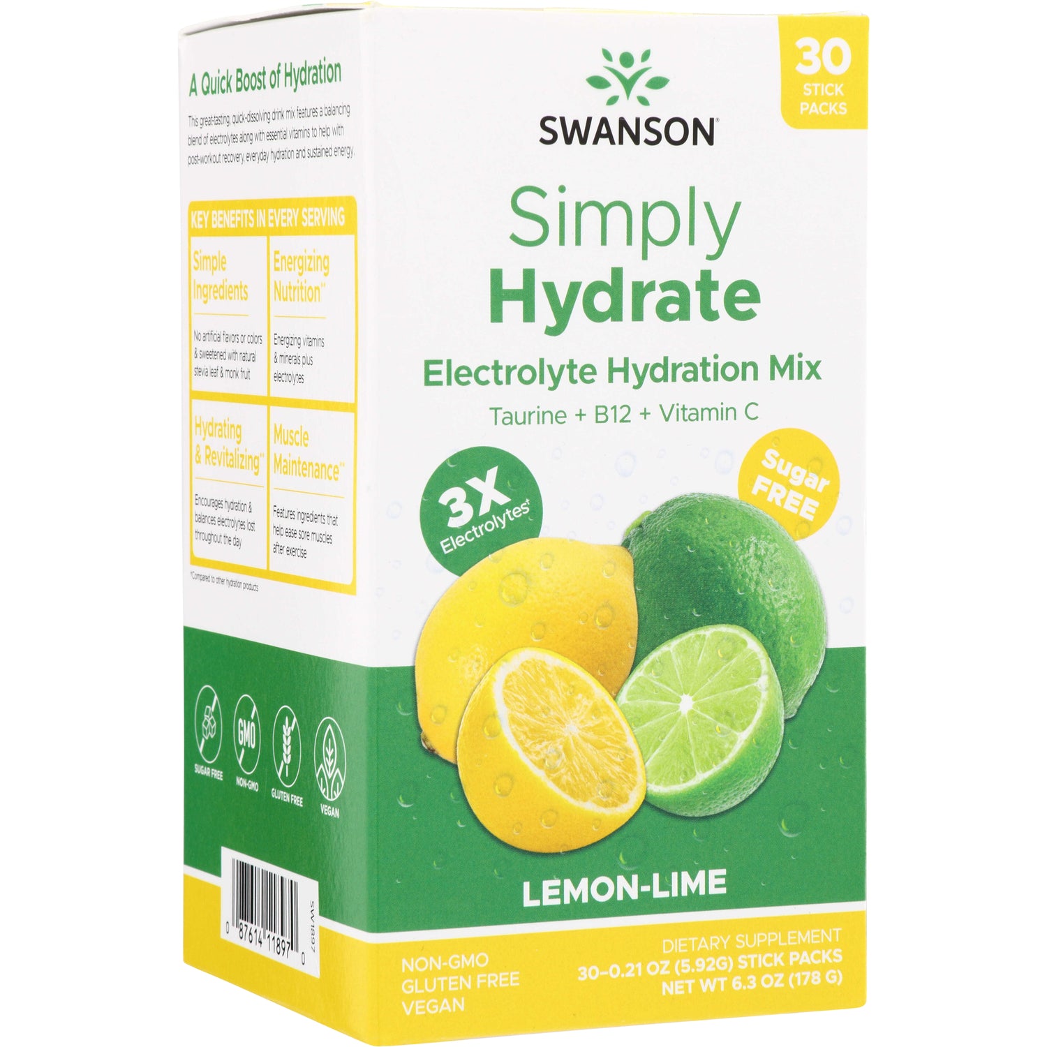 SW1897 | Swanson Simply Hydrate lemon-lime electrolyte hydration mix single-serve stick labeled 'Sugar Free' and '3X Electro-