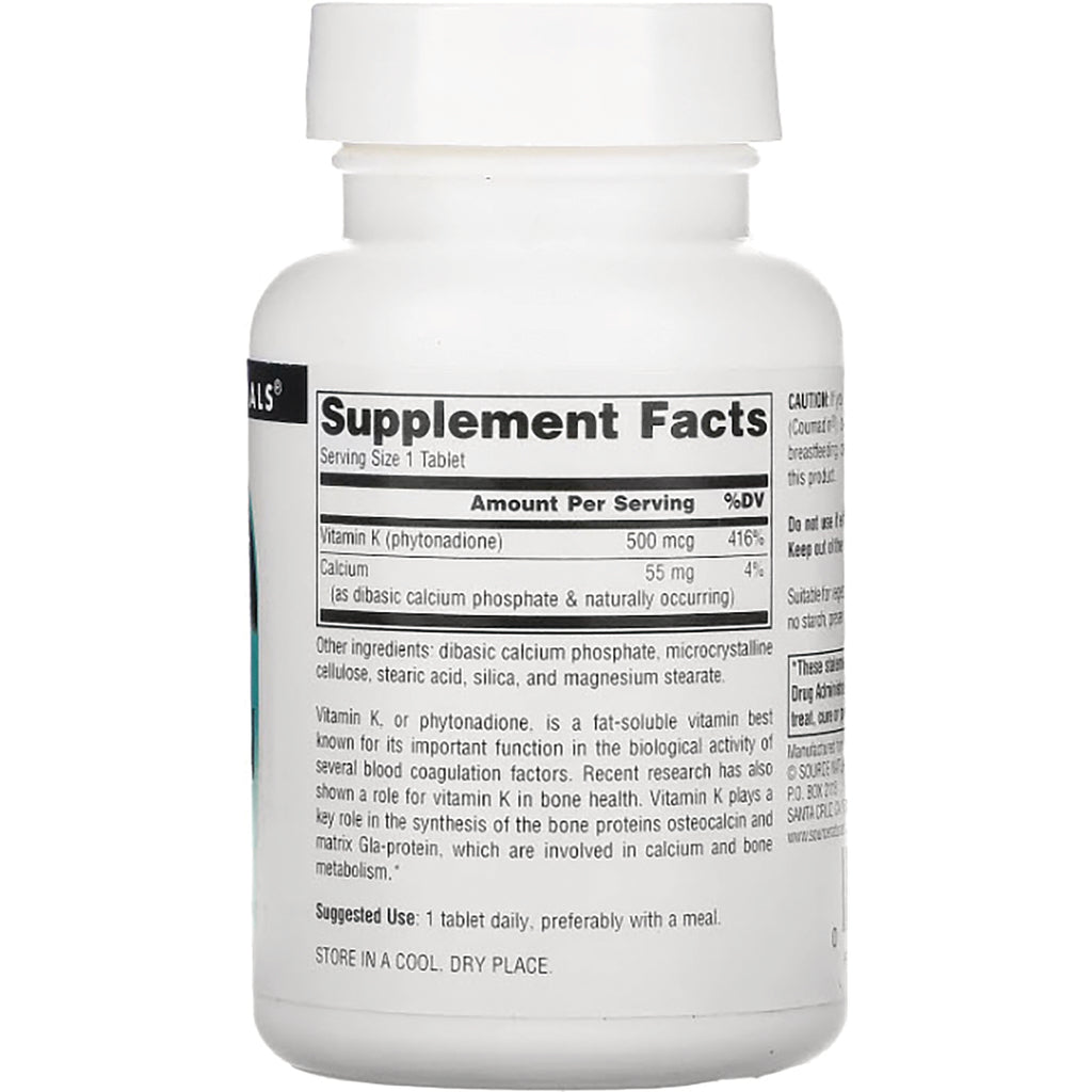 SN656 | Back label with Supplement Facts panel, serving size 1 tablet, Vitamin K 500 mcg and calcium 55 mg - Thumbnail
