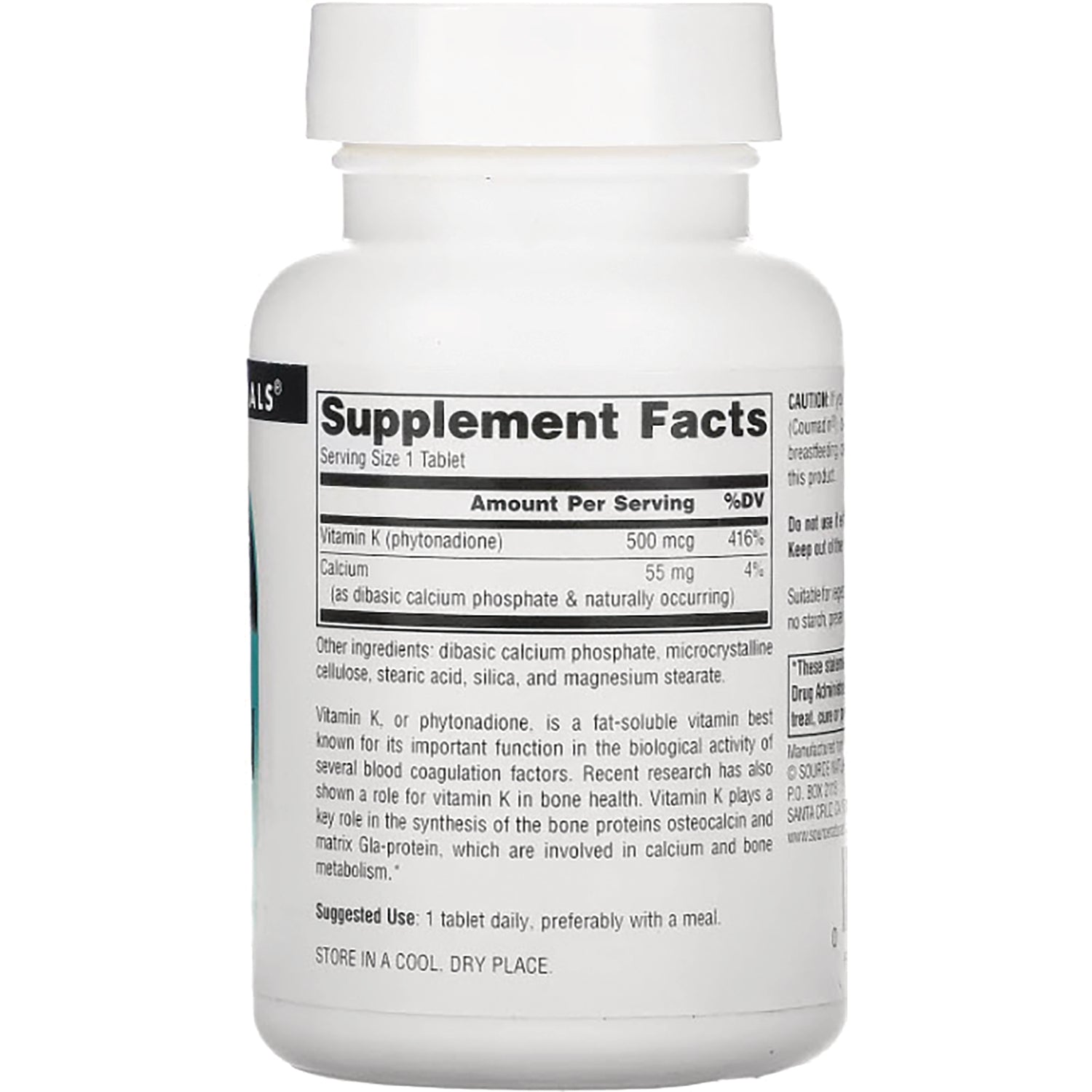SN656 | Back label with Supplement Facts panel, serving size 1 tablet, Vitamin K 500 mcg and calcium 55 mg