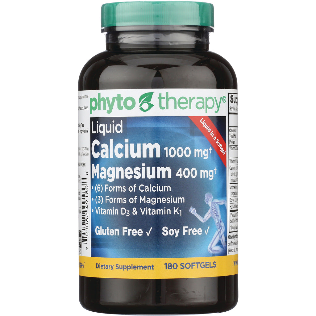 PHY003 | Brown bottle labeled Phyto Therapy Liquid Calcium 1000 mg Magnesium 400 mg dietary supplement 180 softgels - Thumbnail