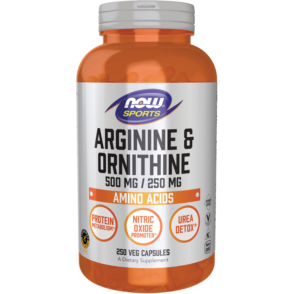 NWF1324 | NOW Sports Arginine & Ornithine 500 mg/250 mg supplement bottle, 250 veg capsules - Thumbnail