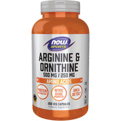 NWF1324 | NOW Sports Arginine & Ornithine 500 mg/250 mg supplement bottle, 250 veg capsules
