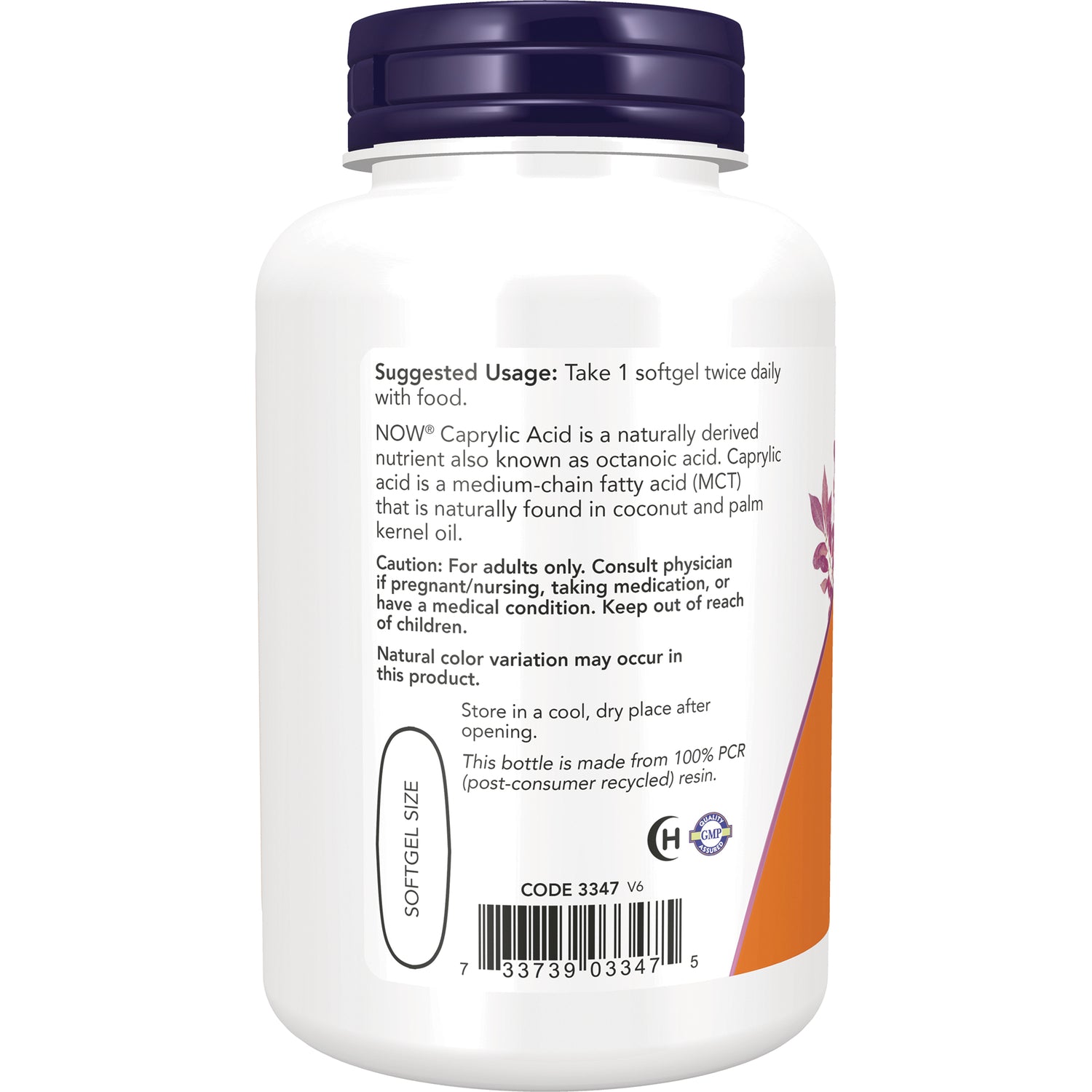 NWF532 | Back label of white supplement bottle showing suggested usage, caution text, barcode and softgel size