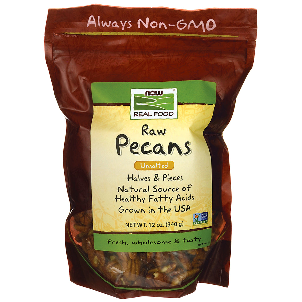 NWF1179 | NOW Real Food raw unsalted pecans bag, 12 oz, halves and pieces, Always Non-GMO - Thumbnail