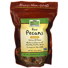 NWF1179 | NOW Real Food raw unsalted pecans bag, 12 oz, halves and pieces, Always Non-GMO