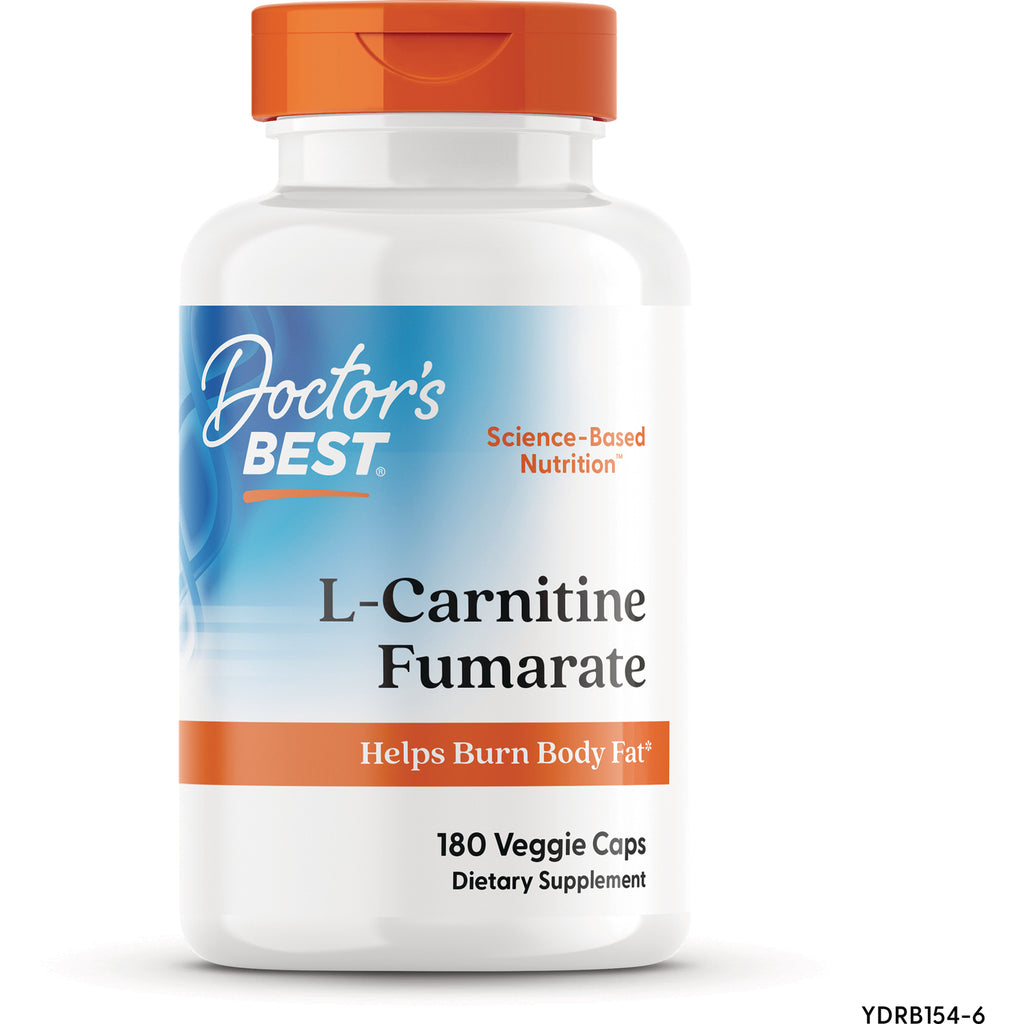 DB138 | Doctor's Best L-Carnitine Fumarate bottle with orange cap labeled 180 Veggie Caps Helps Burn Body Fat - Thumbnail