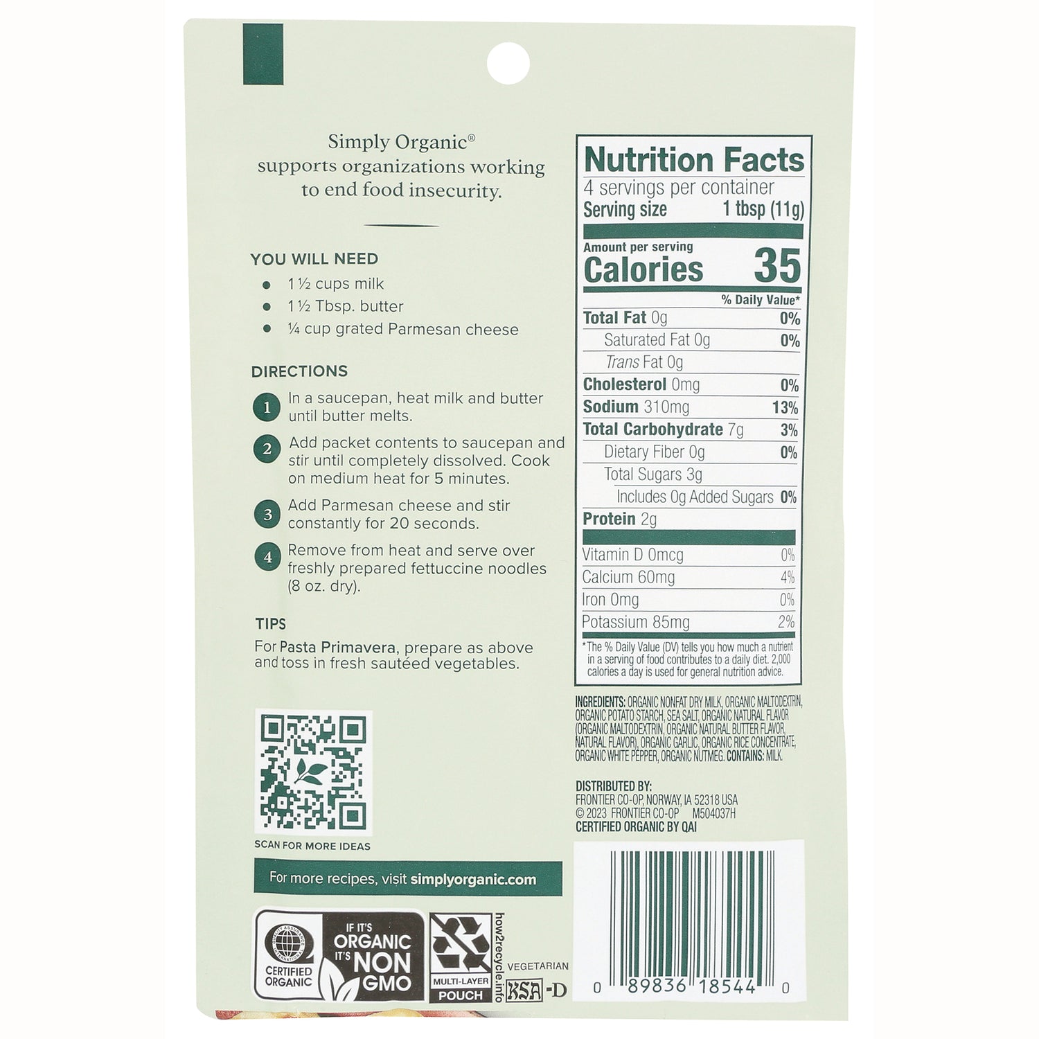 SMP006 | Back of Simply Organic package showing nutrition facts, directions, QR code and barcode
