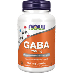 NWF307 | NOW GABA 750 mg supplement bottle, 100 veg capsules, orange label