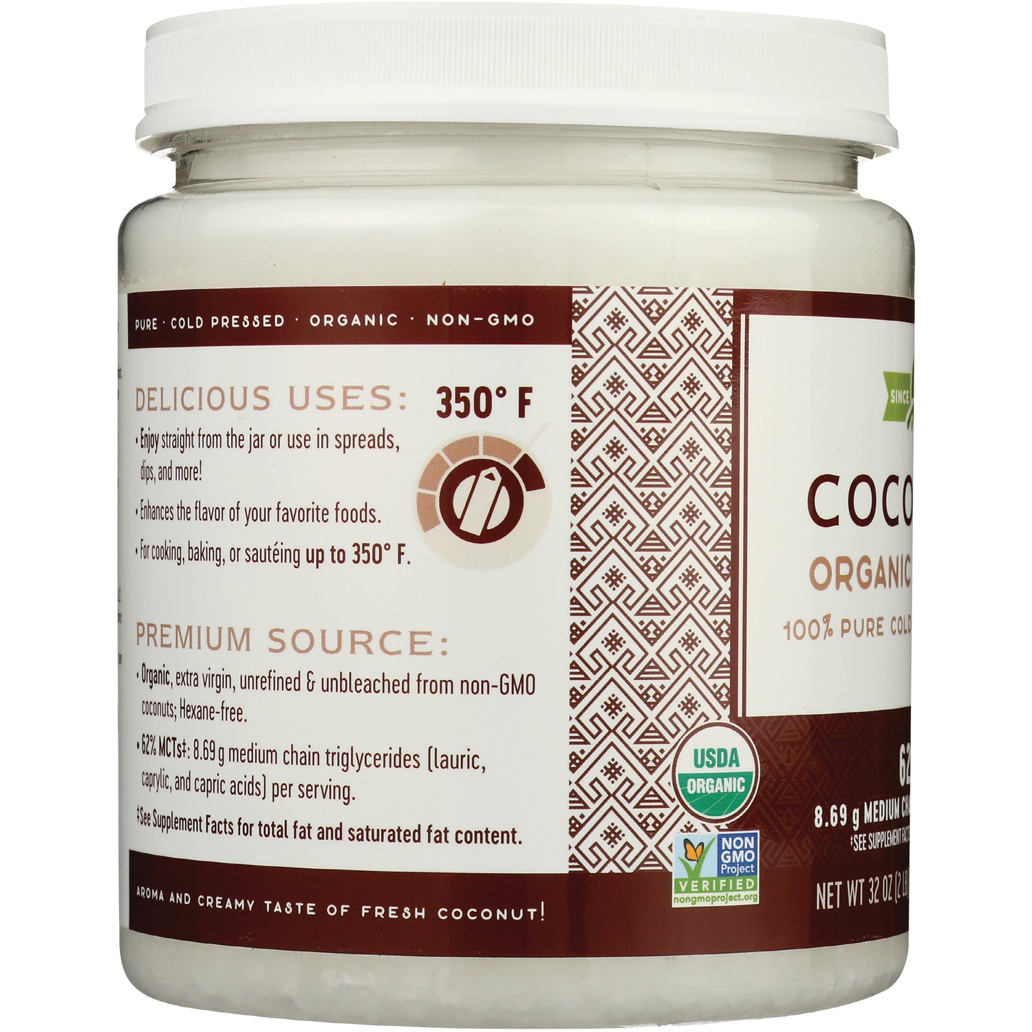 NW726 | jar label showing delicious uses, 350 F cooking info, premium source text and USDA Organic badge