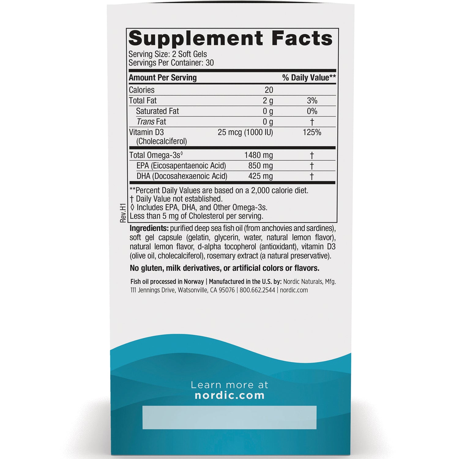 NRN044 | Back label with Supplement Facts table, serving size 2 soft gels, Total Omega-3s 1480 mg and ingredient list