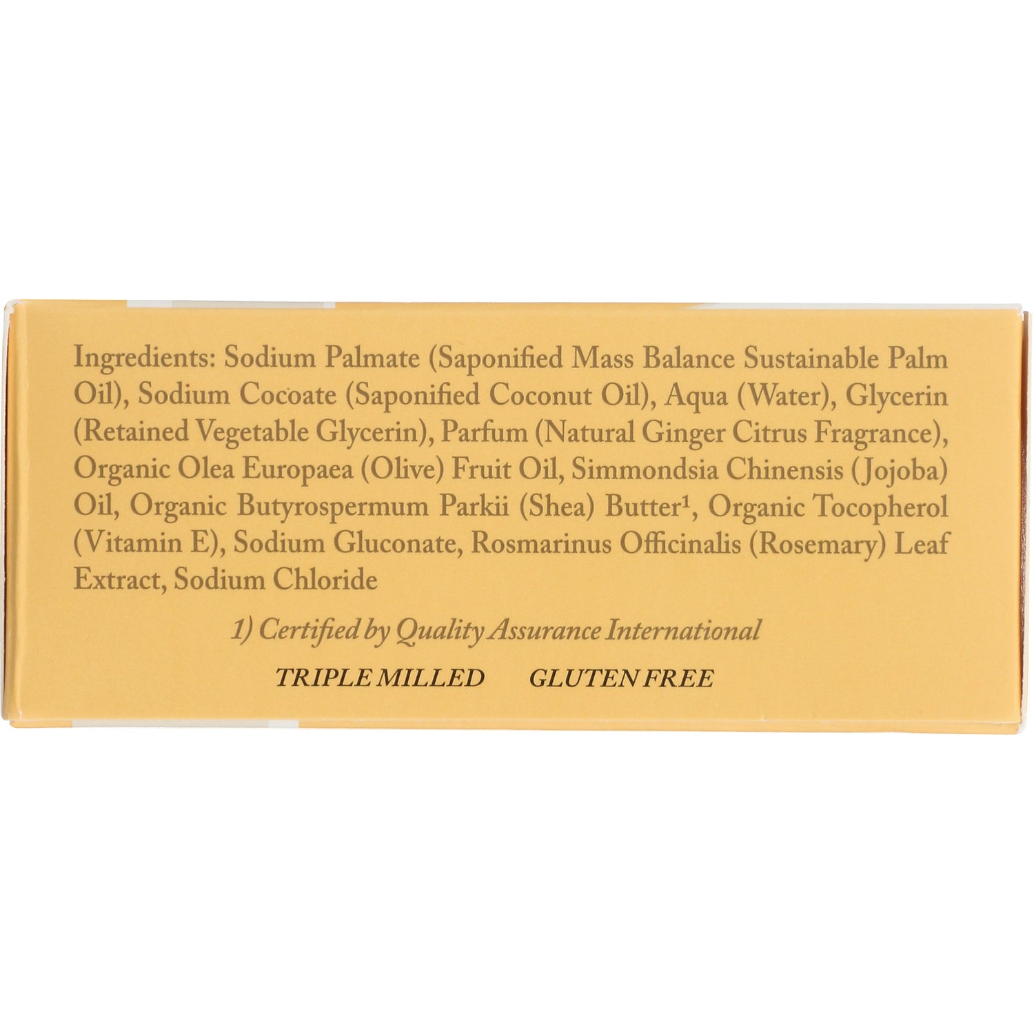 DRW017 | back of yellow soap box showing ingredients list and labels Triple Milled and Gluten Free