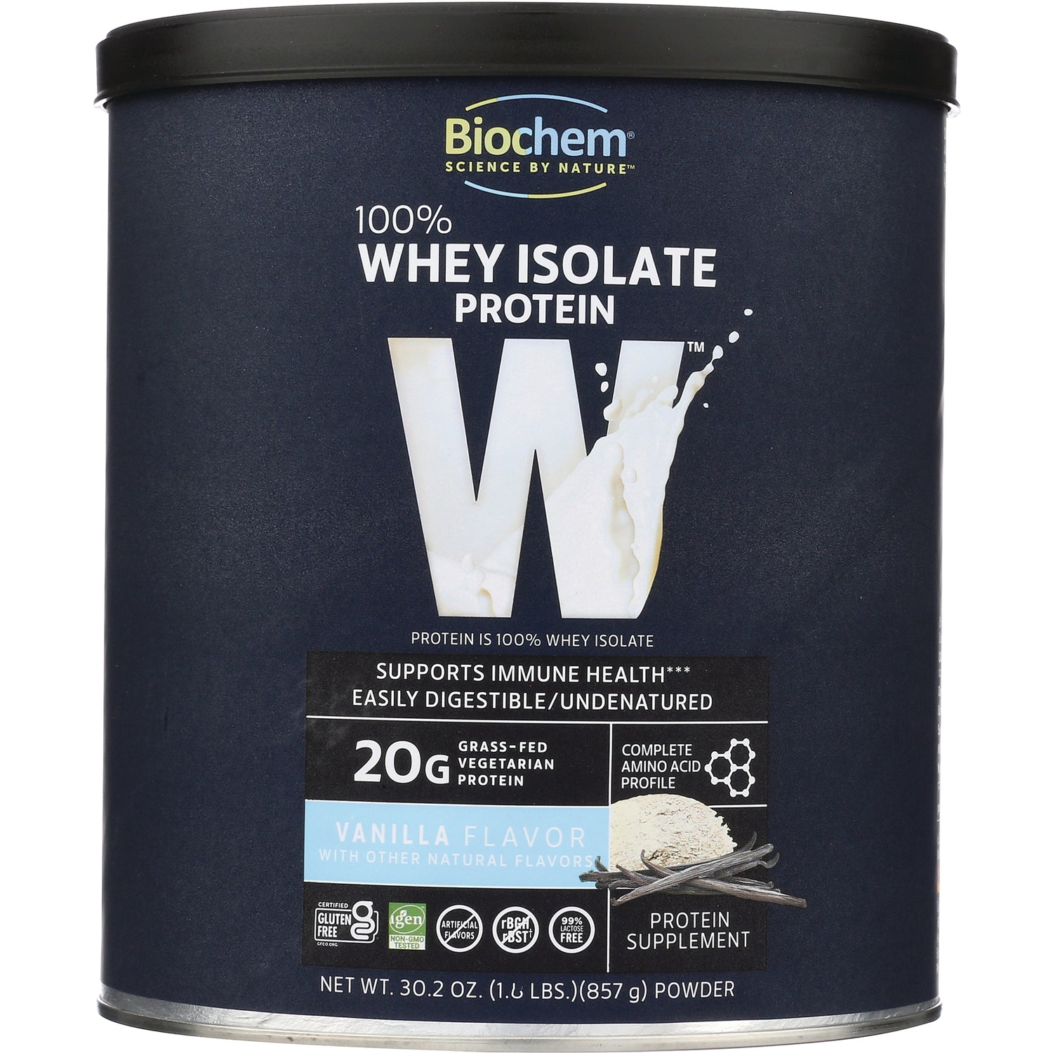 CRL328 | Biochem 100% Whey Isolate protein powder tin, vanilla flavor, front label shows 20g protein and brand logo
