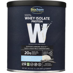 CRL328 | Biochem 100% Whey Isolate protein powder tin, vanilla flavor, front label shows 20g protein and brand logo
