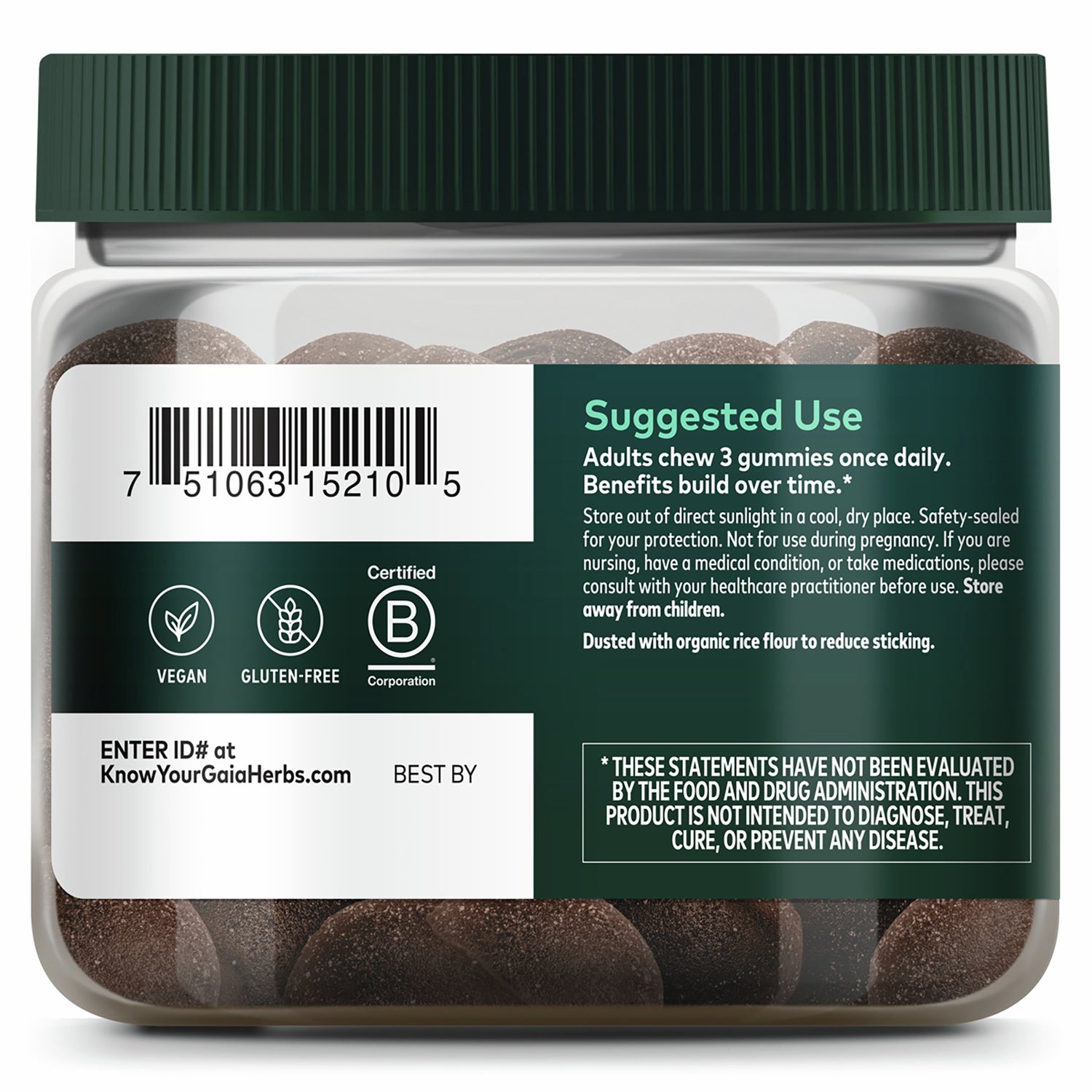 GH140 | Back of clear jar showing nutrition facts panel, barcode, and meetyourherbs.com label