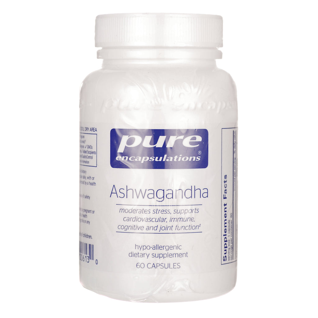 PRN104 | white supplement bottle labeled Pure Encapsulations Ashwagandha, 60 capsules front view - Thumbnail