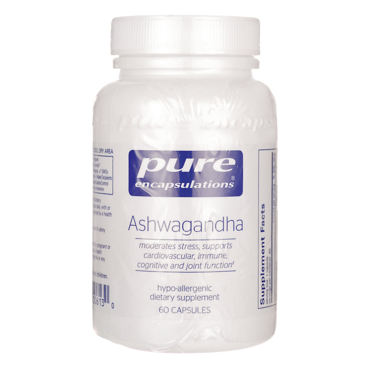 PRN104 | white supplement bottle labeled Pure Encapsulations Ashwagandha, 60 capsules front view