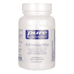 PRN104 | white supplement bottle labeled Pure Encapsulations Ashwagandha, 60 capsules front view
