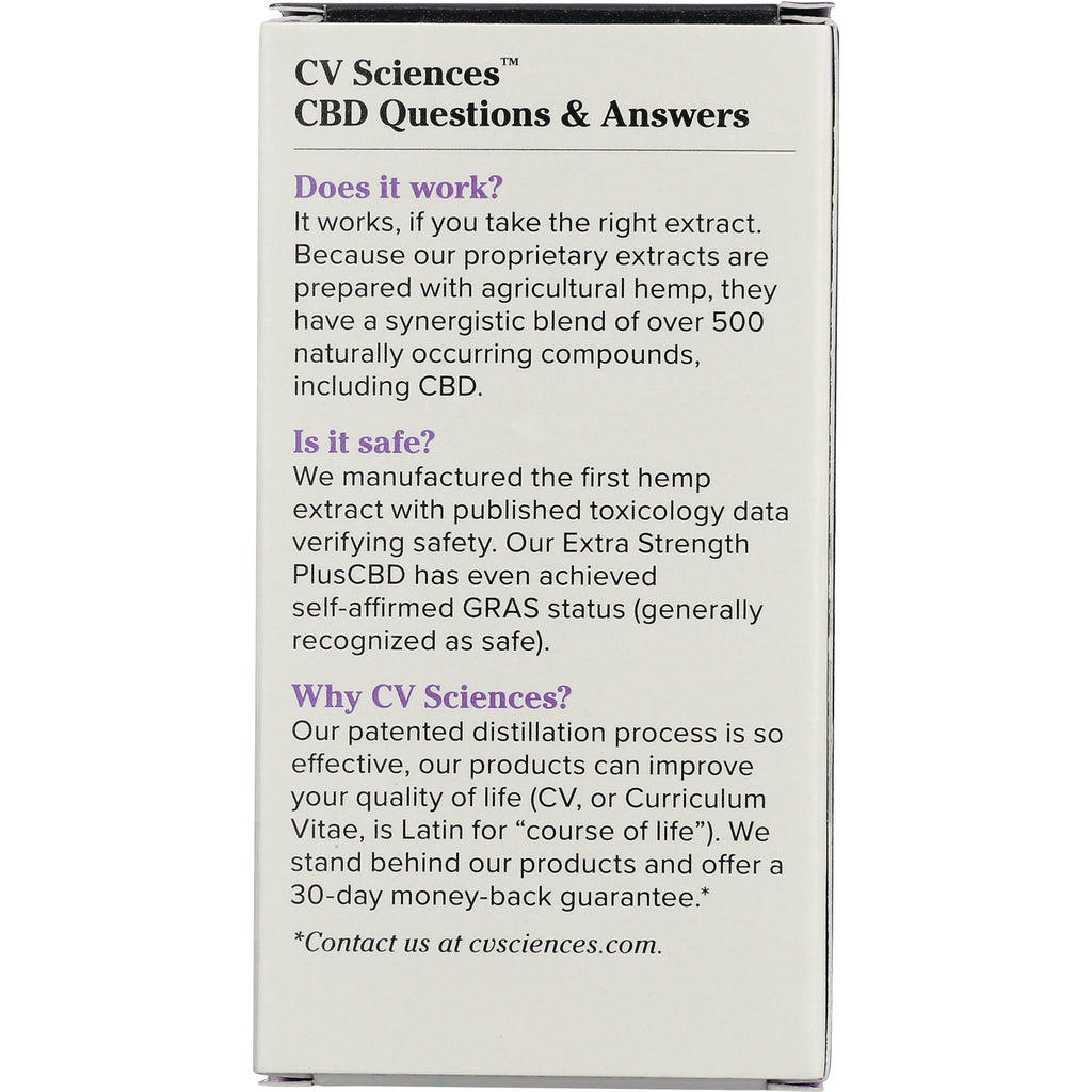 CV Sciences CBD Questions & Answers panel with FAQs on effectiveness, safety, and company process - Thumbnail