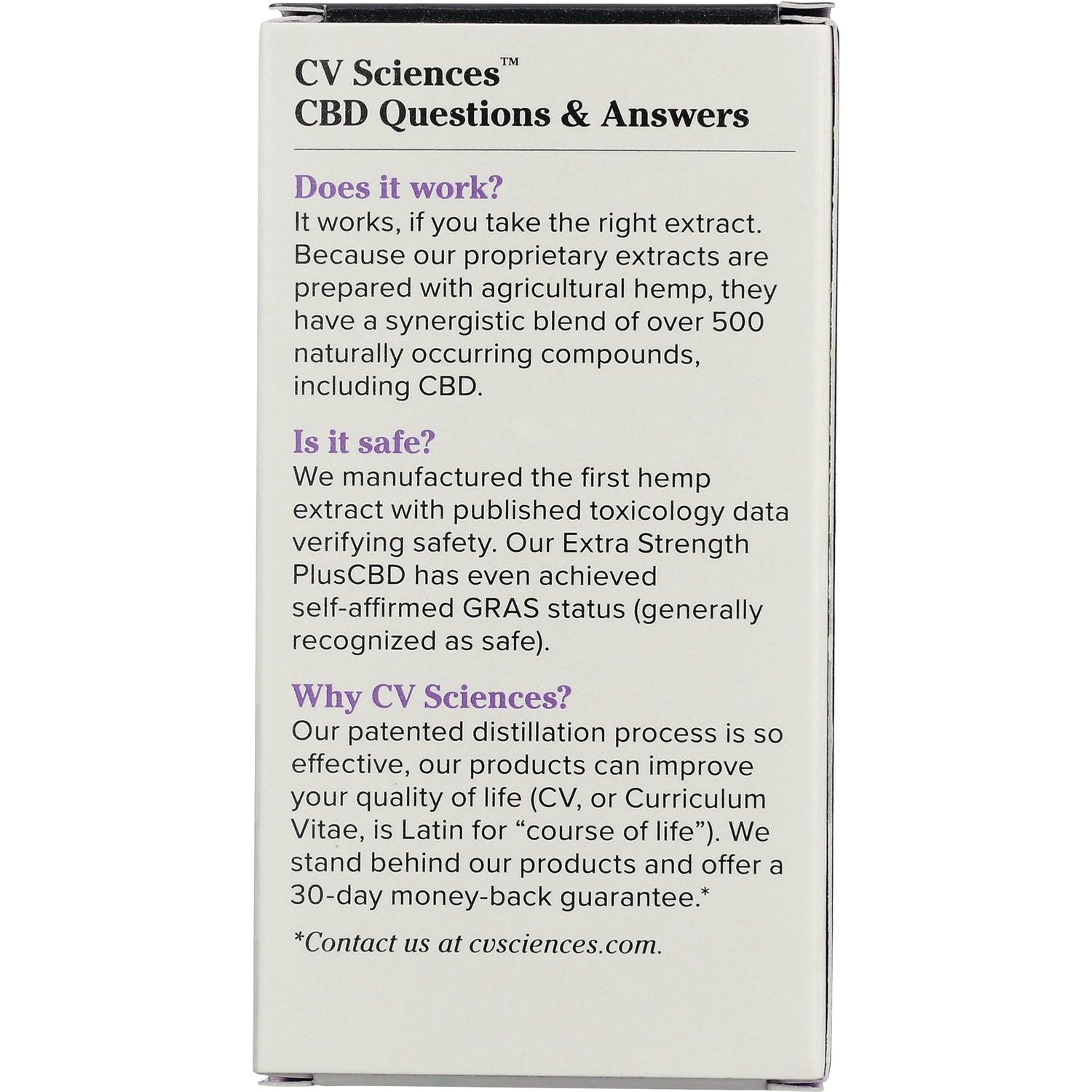 CV Sciences CBD Questions & Answers panel with FAQs on effectiveness, safety, and company process